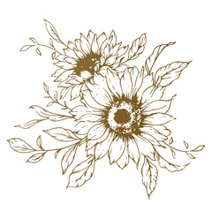 Fototapeta premium Sunflowers Line Drawing. Outline Sunflowers illustration. Hand Drawn Sunflowers Silhouette. Monochrome Floral Line Art. Ink Sunflowers Drawing for packaging, labels. 