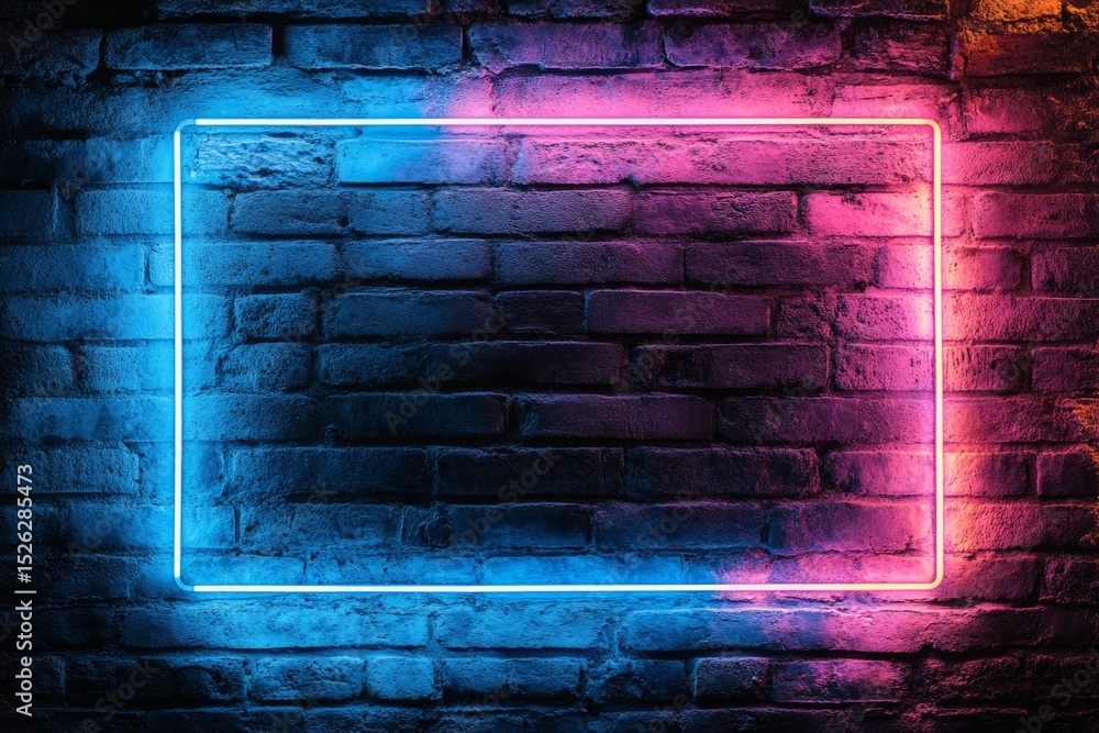 Poster empty rectangular neon frame glowing on a dark brick wall, creating a colorful and modern backdrop