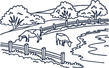 Obraz premium Grazing cows near pond with wooden fence and trees rural countryside landscape, peaceful nature scene