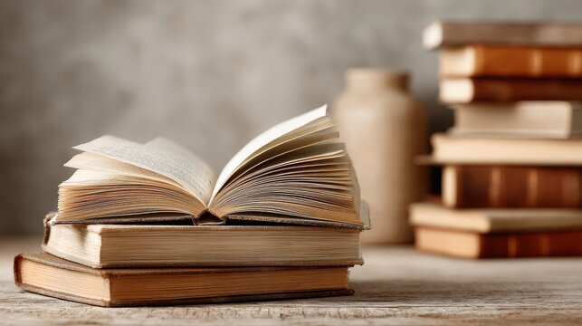 Open antique book resting on a stack of vintage books on a rustic wooden table with blurred pottery in the background, perfect for literature blogs, educational visuals and reading habits promotion