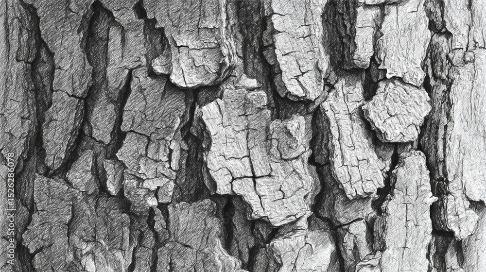 Poster close up monochrome image of a tree bark with deep crevices and rough texture in a pencil sketch sty