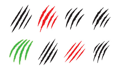 Fototapeta premium Claw Mark Scratch Vector Set in Black, Red, and Green – Isolated on White Background