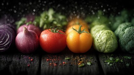 Colorful vegetables arranged in a row on dark rustic wooden table with dramatic lighting and falling water droplets, perfect for farm-to-table visuals and healthy eating campaigns