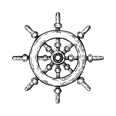 Ships steering wheel. A helm painted by black ink. Hand drawn vector illustration. Sketch in line art style isolated on white background. Perfect for maritime design cards packages labels