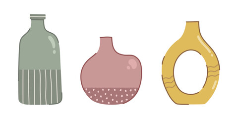 Colorful vases, vector set. Modern jugs made of porcelain, ceramics, glass. Interior items in stripes, polka dots, with a hole in the middle. Boho cozy bowls, homemade pottery. Hand drawn flat clipart