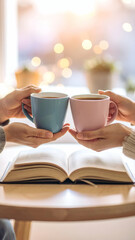 Hands Holding Colorful Coffee Mugs Against Cozy Background