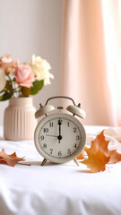 Vintage Alarm Clock Surrounded by Flowers and Autumn Leaves