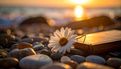 Serene Still Life Capturing Calmness with Flower and Book at Sunset