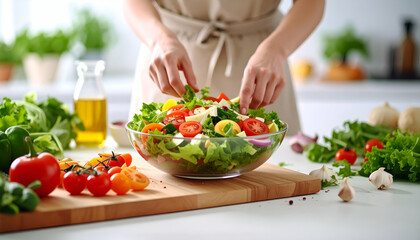 Engaging Still Life Photography of Hands Preparing Colorful Salad
