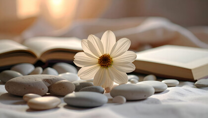 Serene Still Life Scene with Flower and Pebbles for Calm Atmosphere
