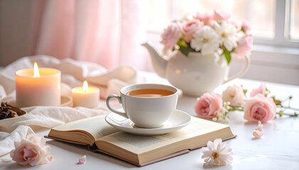 Serene Still Life Arrangement with Tea, Flowers, and Soft Lighting