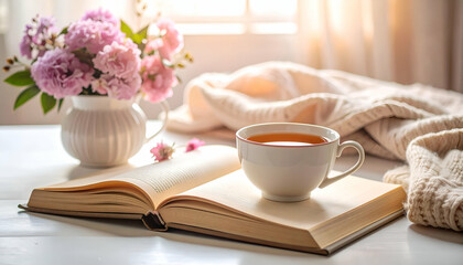 Serene Still Life with Tea, Book, Flowers, and Cozy Blanket