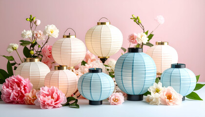 Beautiful Still Life Arrangement of Lit Paper Lanterns and Flowers