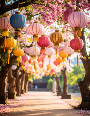 Serene Temple Scene with Colorful Lanterns and Blossoming Trees