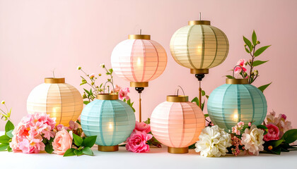 Beautiful Still Life Arrangement of Lit Paper Lanterns with Flowers