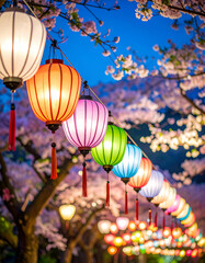 Colorful Lanterns Illuminate Obon Festival in Pastel Hues at Night