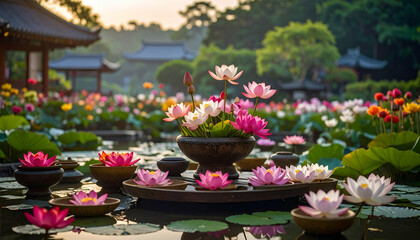Vibrant Garden Blooms in Still Life Photography During Golden Hour