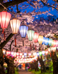 Vibrant Obon Festival Lanterns in Pastel Colors Under Cherry Blossoms