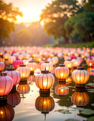 Enchanting Obon Festival Lanterns Reflecting on Serene Water Surface