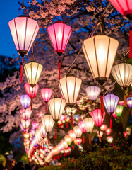 Vibrant Obon Festival Lanterns Illuminating a Pastel Sky at Dusk