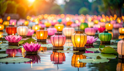 Vibrant Lanterns Over Still Water at a Colorful Obon Festival