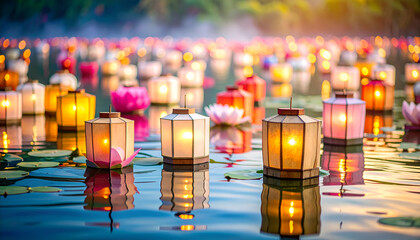 Colorful Festival Lanterns Floating on Still Water During Obon Celebration