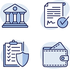 Legal document protection icons showing government building, trust file, shield certification and verified wallet.