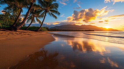 Fototapeta premium tropical beach paradise at golden hour, glowing sand and water reflections
