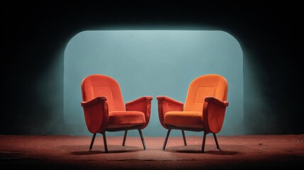 Obraz premium Two vintage orange armchairs facing each other in a moody cinematic setting with soft blue backlight ideal for talk show promo visuals, podcast studio design and interview setup concepts