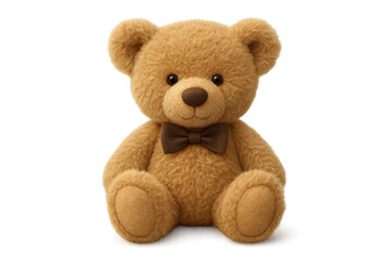 Soft plush teddy bear sporting brown bow tie, conveying childhood sweetness with vintage charm for heartwarming graphic designs and print media