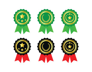Award Badges with Stars and Laurel Wreaths – Green and Red Ribbon Medals Set