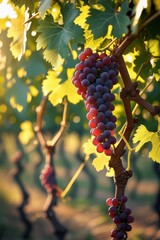 Close-up of a grapevine with lush green leaves and ripe grape clusters under softly filtered sunlight creating a warm golden glow
