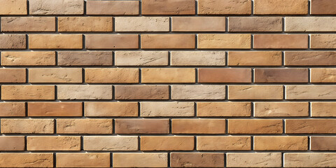 Obraz premium Sandy brown brick wall with traditional horizontal pattern, natural earth tones, varied brick coloring, classic masonry construction, pronounced shadowing between courses.