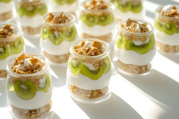 Delicious yogurt and granola with fresh fruit kiwi in glass jar. Layered breakfast set with shadow, healthy food with oats