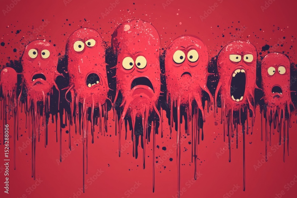 Poster group of dripping red cartoon characters with different funny facial expressions on a red background