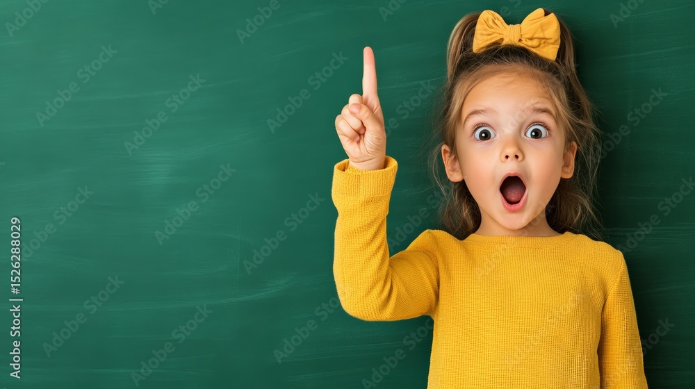 Poster schoolgirl raising her index finger in front of a blank green chalkboard, showcasing an exciting new