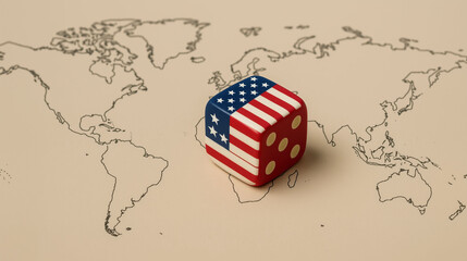 US flag on dice placed over world map symbolizing global geopolitics trade strategy import tariffs and international economic relations