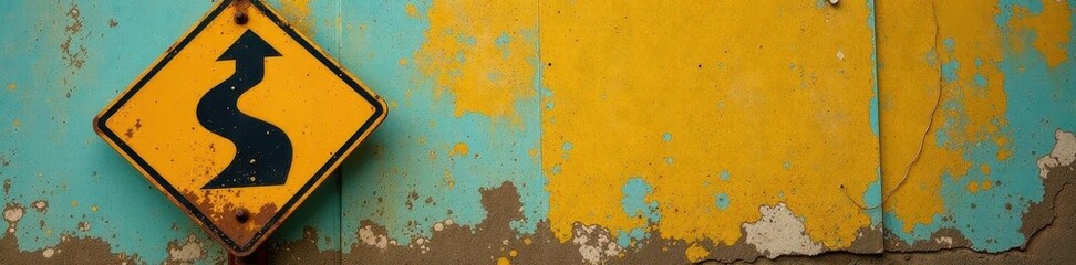 Faded yellow road sign, weathered, on rusty black pole , traffic, worn, path