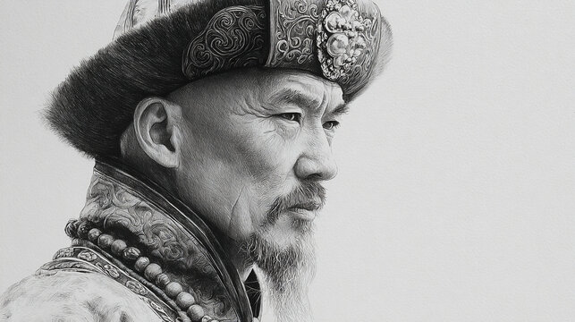 Close up portrait of a man with a beard wearing an ornate hat and beaded necklace in grayscale art