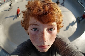 Close-up portrait of young skater taking a selfie at skatepark, capturing his youthful energy and passion for skateboarding