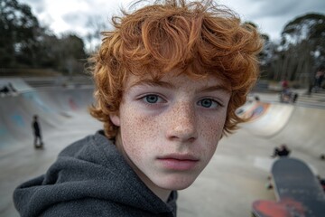 Close-up of determined redhead teenager with freckles in skatepark, capturing youthful confidence and passion for skateboarding