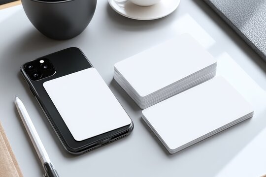 white business cards and a black smartphone - Powered by Adobe