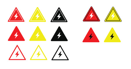 Electric Shock Hazard Warning Icons Set in Red, Yellow, Black Triangle Variations Isolated on Transparent Background