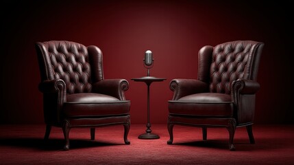 Podcast concept, A pair of elegant vintage leather armchairs with a microphone placed between them, set against a rich red background, perfect for creating a cozy and inviting conversation space.