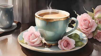 Coquette coffee art watercolor pastel