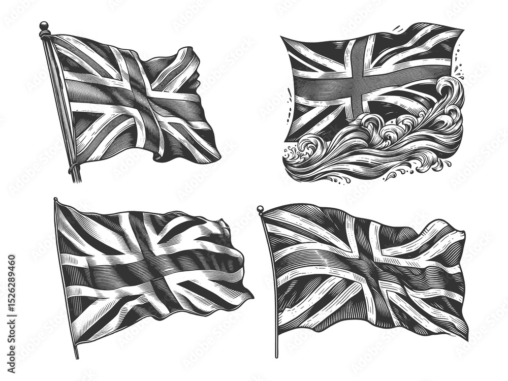 Poster union jack flag set collection bundle sketch engraving generative ai raster illustration. scratch bo