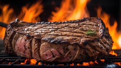 Close-up of Grilled Steak with Flames