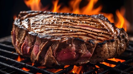 Close-up of Grilled Steak with Flames