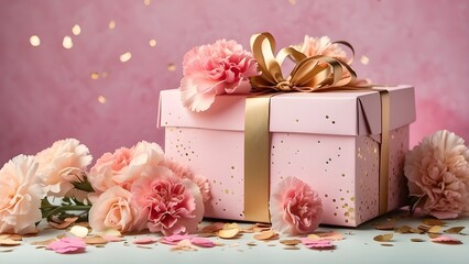 Gift Box in Pink and Gold with Confetti and Carnations on a Pastel Background