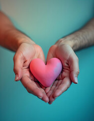 Obraz premium Close-Up of Two Pairs of Hands Holding Pink Heart Together Against Soft Blue Background, Symbolizing Love and Unity